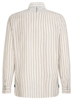 Load image into Gallery viewer, A long-sleeve button-up shirt shown from the back, featuring a cream base with thin vertical navy pinstripes.
