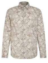 Load image into Gallery viewer, A long-sleeve button-up shirt with a beige and off-white floral pattern, displayed on a clean white background.
