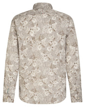 Load image into Gallery viewer, A long-sleeve button-up shirt with a beige and off-white floral pattern, shown from the back on a plain white background.
