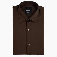 Load image into Gallery viewer, A folded dark brown dress shirt by Rembrand, featuring a classic collar, button-down front, and a black brand label on the inner neck.
