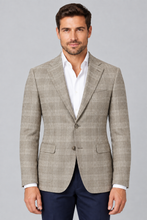 Load image into Gallery viewer, Beige checked jacket with navy trousers, cropped mid-thigh upwards
