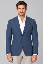 Load image into Gallery viewer, Blue jacket with stone trousers, cropped mid-thigh upwards
